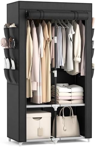 VTRIN Portable Closet Wardrobe Closet for Hanging Clothes with 4 Storage Shelves, 2 Hanging Rods and 6 Pockets, Stable and Easy Assembly Clothes Rack with Cover Free Standing Closet for Bedroom, Black by VTRIN
