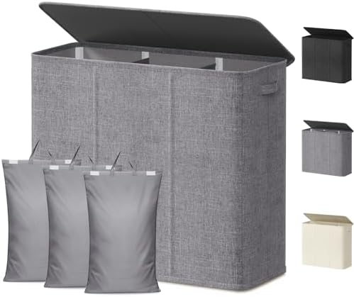 Lifewit Triple Laundry Hamper with Lid, Removable Laundry Bags, Light Gray by Lifewit