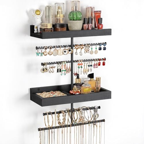 Keebofly Wall Mounted Jewelry Organizer with 2 Tired Shelves & Ring Holder- Jewelry Holder Wall Storage Display for Earrings, Necklace, Bracelet in Bathroom Bedroom, Black by Keebofly