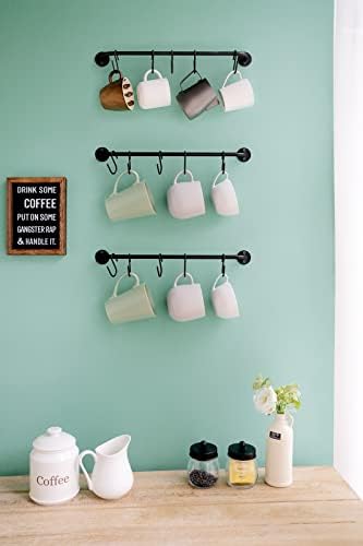 Mkono Mug Holder Wall Mounted Coffee Cup Rack Hanger Modern Metal Wall Rack with 15 Mug Hooks Rustic Utensil Tea Cups Storage Organizer for Kitchen Dining Room Coffee Bar, Set of 3, Black - Image 3