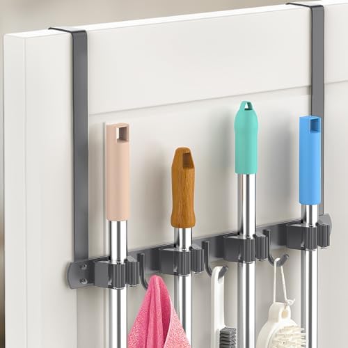 Broom Holder Over The Door with Hooks -304 Stainless Steel (Space grey) by PrimZootyDesign