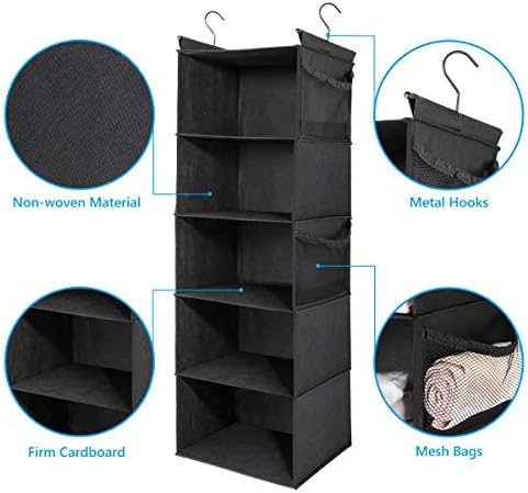 MAX Houser 5-Shelf Hanging Closet Organizer with 4 Side Pockets, Black | Foldable Fabric Hanging Shelves for Closet, Cloth Hanging Shelves with 2 sturdy hanging hooks, Small Space Saver - Image 5
