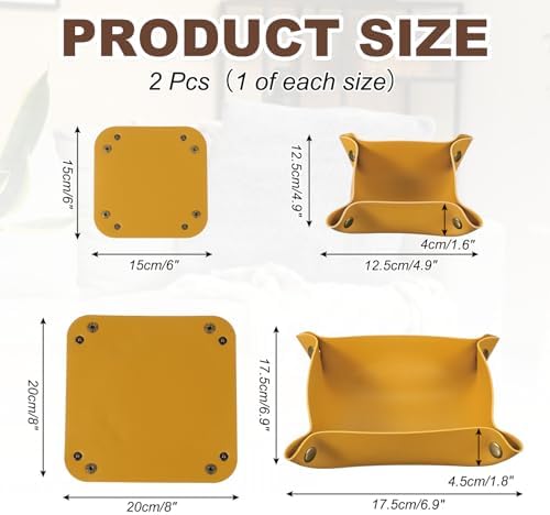 uxcell 2 Pcs Valet Tray for Women and Men, PU Leather Jewelry Tray Entryway Table Bedside Nightstand Catchall Storage Organizer for Jewelry Key Coin Watch Wallet(Square, Yellow) - Image 2