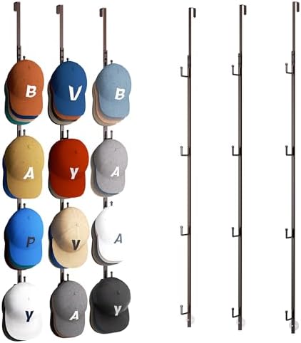 HapiRm Over Door Hat Rack - 3 Packs Hat Organizer with 12 Hooks Design, Hanging Baseball Cap Organizer Storage Holds Up to 60 Caps for Door, Bedroom, Closet (Brown) by HapiRm
