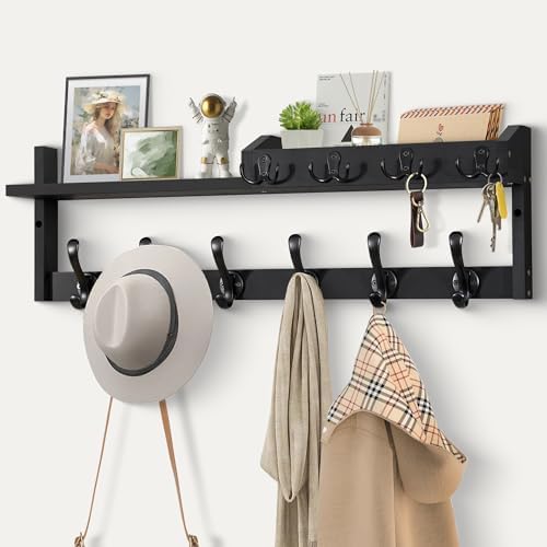 Coat Rack Wall Mount with Shelf, 27.5" Entryway Wall Hanging Shelf, Coat and Key Hanger with 10 Dual Hooks, Mail Organizer and Key Holder Hat Rack for Wall, Wood Coat Hooks with Storage by GODDGITT