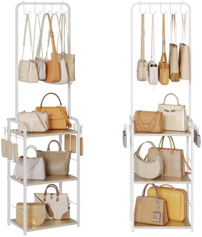 Tall Purse Organizer for Closet with Wood Shelves, Metal Floor-Standing Purse Rack Stand, Narrow High-Capacity Purse Storage and Bag Organizer for Bedroom, Entryway and Small Space by Hayexiha