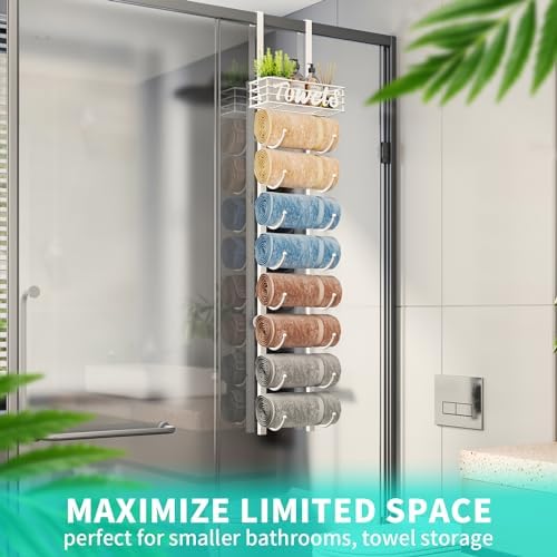 HapiRm Towel Racks for Bathroom Storage - 9 Tier Over The Door & Wall Mount Rolled Towel Storage Organizer Holder with Metal Shelf Basket for Small Bathroom, Camper, Rv - White, Patented - Image 6