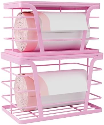 TIDIIABODE 2 Pack Pink Trash Bag Holder - Stackable Garbage Bag Dispenser with Bamboo Top, Kitchen Accessories & Decor, Wall Mount Storage for Kitchen, Home, Bathroom Decor & Gifts by TrashBagHolder