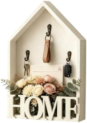Key Holder Wall Mount, Pine Wood Key Hanger & Mail and Key Organizer for Wall, Decor Plate Hangers for Wall, Multifunctional Home Decor Entryway Key Holder with Shelf for Key & Plant Storage (White) by Unknown