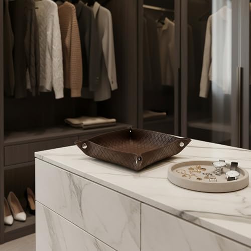 UnionBasic Small Valet Tray, Jewelry Tray for Rings Watches Earrings, Entryway Catchall Caddy for Coins Keys Change, Nightstand Bedside Valet Holder, Trays for Electronic Gadgets, Woven Coffee - Image 6