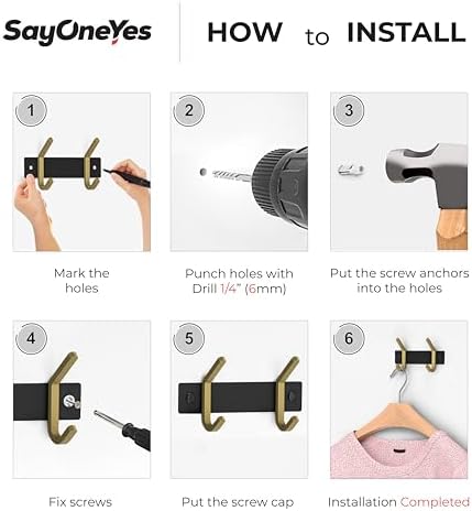 Small Coat Rack Wall Mount – Black and Gold Hook Rail with 2 Double Coat Hooks, 6 Inch Stainless Steel Wall Hooks for Entryway, Bathroom, Bedroom, Closet, Towel, Hat, Bag, Heavy Duty Organizer - Image 7