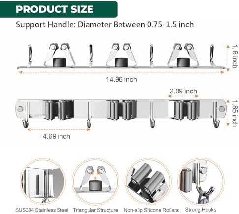 CUXIXA Mop and Broom Holder Wall Mount, Upgraded Broom Organizer Wall Mount, Stainless Steel Broom Hanger Wall Mount for Home Kitchen Garden Laundry Garage (3 Racks with 4 Hooks) - Image 6