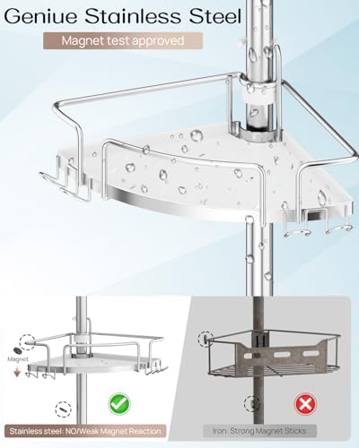 ALLZONE Corner Shower Caddy Tension Pole, 4 Hang-On Basket with Mixed-Height Shelves for Various Bottle Sizes, Extra Hooks & Soap Holder, Rustproof Stainless Steel, Fits 34–116 Inch, Silver/White - Image 6