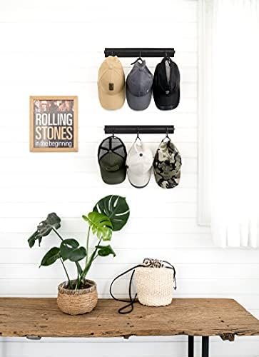 Mkono Hat Rack for Wall Wooden Baseball Caps Organizer with 20 Hooks Rustic Cowboy Hat Hanger Wall Mounted Caps Display Rack for Closet Bedroom Entryway, Set of 2, Black - Image 3