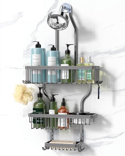 YASONIC Never Rust Shower Caddy Hanging, Aluminum Shower Racks for Inside Shower, 3-Tier Shower Organizer Hanging Over Shower Head with Hooks and Soap Holder, Grey by YASONIC