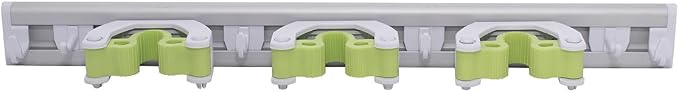 Pine-Sol Mop and Broom Holder - Hanging Wall Mount Storage Rack with 3 Slots and 6 Hooks - Adjustable Cleaning Tool Organizer for Garage, Kitchen, and Utility Closet - Image 4