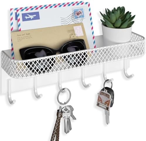 Lwenki Key Holder for Wall – Decorative Stainless Steel Key Hanger with 6 Hooks for Hats, Bags, Leashes – Mail Holder Key Rack with Mounting Hardware and Guide (9.65” x 2.8” x 2.2”) (White) by Lwenki