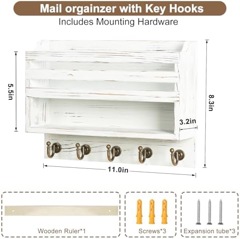 Key Holder Wall Mount with Mail Organizer, 5 Key Hooks, White - Image 7