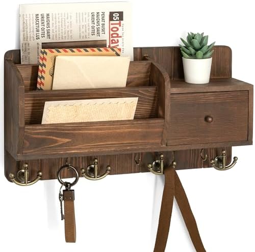 Rebee Vision Pine Wood Key Holder Wall Mount with Mail Sorter, Retro Brown by REBEEVISION