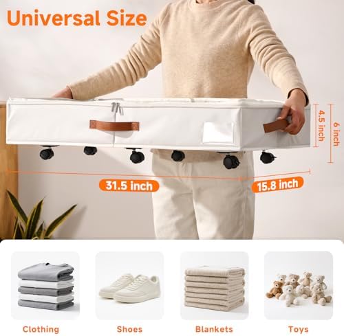 6 Inches Under Bed Storage with Wheels Pack of 2, Underbed Shoe Storage Container Bin with Clear Lid Cover, Rolling Under Bed Drawer Storage Bag Basket for Shoe Organizer Sheet Sweater - White - Image 2