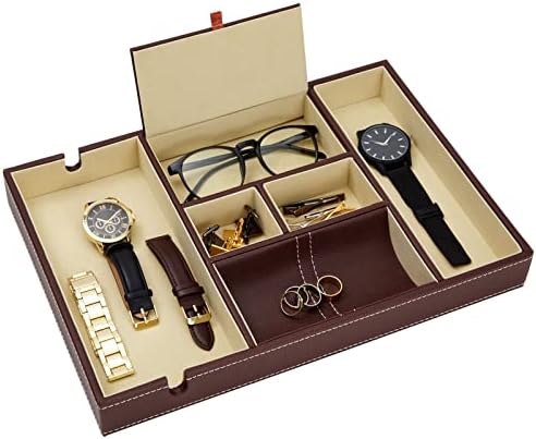 Juvale Rectangular Catchall Tray - 6-Compartment Nightstand Organizer - Polished Key Bowl - Portable Drawer Organizer - Brown Faux Leather by Juvale
