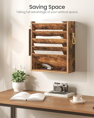 CHOEZON Wall File Organizer, 6-Tier Vertical Mount Hanging Holder with 2 Side Hooks, Vintage Wooden Magazine Storage Crate with Bottom Flat Tray, Desk Organizer, for Office, Home, Rustic Brown MWJ01FG - Image 4