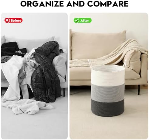 Laundry Basket Hamper Tall Rope Storage Woven for Blanket toys Dirty Clothes in Living Room Bathroom Bedroom (Gradient Grey, 60L/15.8Gal) - Image 6