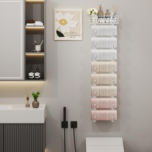 SWTYMIKI Hanging Towel Racks for Bathroom - 9 Tier Over the Door & Wall Mounted Bath Rolled Towel Storage Organizer Holder for Small Bathroom, RV, Camper, White (Patented) - Image 4