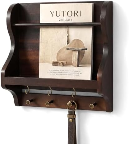Acacia Wood Mail Organizer Wall Mount with 7 key Hooks Entryway, Dark Brown by REBEEVISION