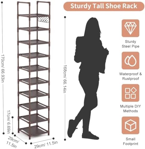 LANTEFUL Tall Shoe Rack 10-Tier Narrow Shoe Shelf Storage for 10-15 Pairs Shoe and Boot, Sturdy Shoe Storage Space Saving Corner Shoe Rack Organizer for Closet, Entryway, Living Room, Brown - Image 3