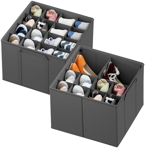 SpaceAid Shoe Organizer for Closet, 2 Pack Foldable Shoe Storage Containers Baskets Boxes Bins w/Adjustable Dividers, Fits 16-32 Pairs, Grey by SpaceAid