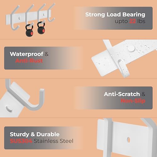 White Coat Rack Wall Mount – 12 Inch Stainless Steel Hook Rail with 4 Heavy Duty Double Coat Hooks – Wall Mounted Coat Hanger for Entryway, Bathroom, Bedroom, Towel, Hat Organizer - Image 3