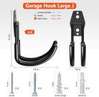 HUPBIPY Heavy Duty Garage Hooks 4 Pack, J Shaped Hanger, Wall Mounted Storage System, Power and Garden Tool Organizer, for Hanging Ladders, Bikes Tires, Hose, Bulk Items - Image 2