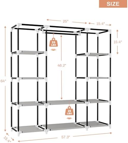 VTRIN Portable Closet Wardrobe for Hanging Clothes 57.3 Inch Large Capacity Clothes Rack with Cover, 10 Storage Organizer Shelves, 1 Hanging Rods and 6 Pockets, Free Standing Closet for Bedroom, Grey - Image 3
