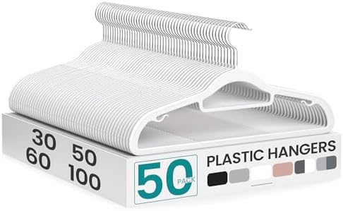 SONGMICS Pack of 50 Coat Hangers, Space-Saving Plastic Clothes Hangers | Non-Slip, 0.2 Inches Slim, 16.5 Inches Wide, 360° Swivel Silver Hook, White, UCRP20WT50 by Unknown