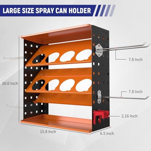 Wall Mount Spray Can Holder, Aerosol Spray Bottle Holder Storage Rack, Heavy-Duty Paint Bottle Organizer with 8 Can Holes & 4 Steel Hooks, 4 Plastic Hooks for Garage, Shop, Home or Tool Trailer - Image 3