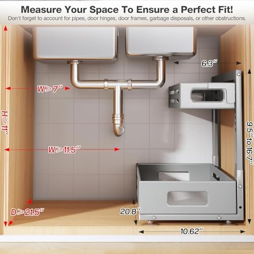 2 Pack 21IN-Depth Under Sink Organizer,Pull Out Cabinet Organizer With Smooth Cylindrical Rail,Metal Slide Out Drawer for Kitchen Bathroom Laundry,8-Level Tool Free Height Adjustable-Gun Gray - Image 2