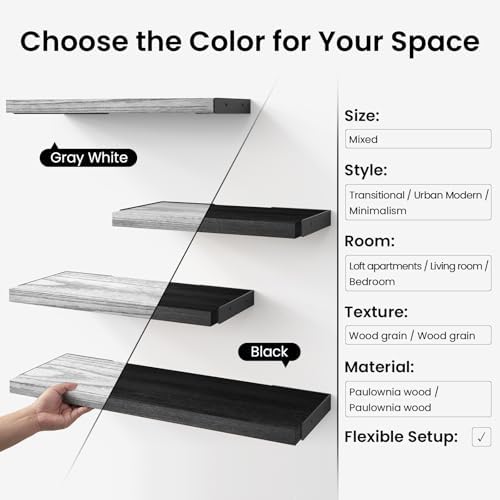 BAYKA Wall Shelves for Bedroom Decor, Wood, Gray White, Set of 4, 16in - Image 5