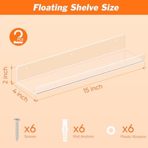 Dooiclear 2 Pack Floating Shelves for Wall, 15" Clear Floating Wall Shelf - Image 3
