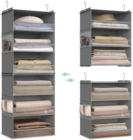 SONGMICS Widended Hanging Closet Organizer and Storage, 6-Tier, Separable | Foldable,Fabric Storage Shelf with 4 Side Pockets, Metal Hooks and Bamboo Inserts, Dove Gray, TINA Collection URCH007G01 by Unknown