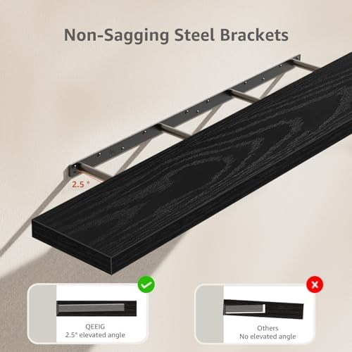 QEEIG Floating Shelves for Wall 55.1" Extra Long - Wall Mounted Shelf Bathroom Kitchen Living Room Bedroom Farmhouse Home Decor Display Bookshelf Large 55.1 x 9.3 inch Set of 2, Black (008-140B) - Image 4