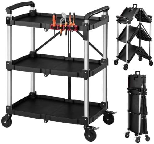 VEVOR 3 Shelf Heavy Duty Folding Jobsite Cart, 3 Tier Rolling Cart with Side Tool Holder & 360° Swivel Wheels (2 Brakes), 300 LBS Folding Utility Cart, Tool Storage for Garage Warehouse Workshop by VEVOR