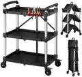 VEVOR 3 Shelf Heavy Duty Folding Jobsite Cart, 3 Tier Rolling Cart with Side Tool Holder & 360° Swivel Wheels (2 Brakes), 300 LBS Folding Utility Cart, Tool Storage for Garage Warehouse Workshop by VEVOR