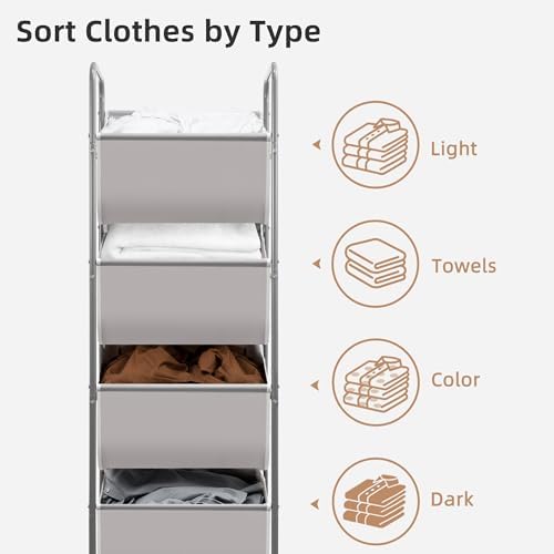 STORAGE MANIAC Vertical Rolling Laundry Hamper, 4 Section Laundry Sorter with Wheels and 2 Breaks, 4-tier Laundry Baskets for Small Space, Dorm, Laundry Room, Closet, Bathroom, Gray 4-tier - Image 5