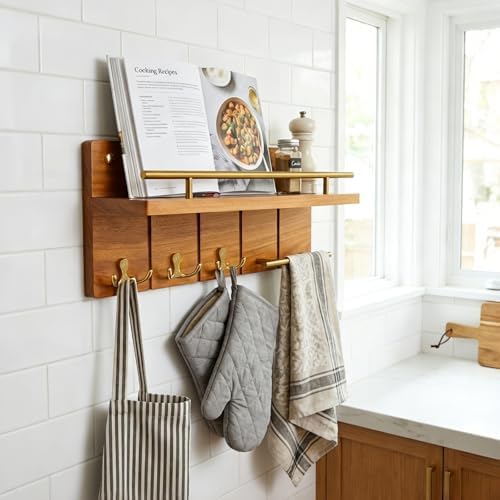 15.7” Solid Teak Wood Key Holder Wall Mount with Shelf and Hooks - Image 6