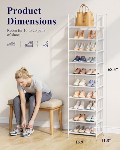 Kitsure Shoe Rack - 10-Tier Shoe Organizer with Detachable Fabric Shelves & Metal Frame, Tall Shoe Rack for Closet, Entryway, Living Room, 16.9" Wide - 10 Tier, White - Image 3