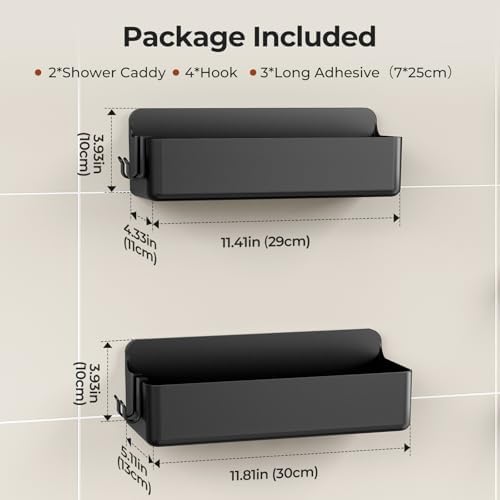 Orimade Shower Caddy 2-Pack, No-Drill Adhesive Shelves with 4 Hooks for Bathroom, Rustproof ABS Plastic Storage Organizer Set, Black - Image 4