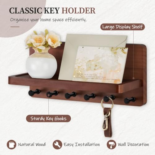 Nekon Key Holder for Wall with Shelf, Pine Wooden Key Hanger, Brown - Image 2