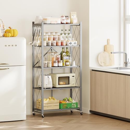 Fenbeli Foldable Shelves with Wheels - 5 Tier Folding Shelf, Collapsible No Assembly Metal Shelving Unit, Origami Storage Shelves & Rolling Storage Rack with 8 Hooks for Kitchen Pantry Garage - Image 2