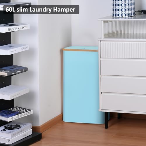 Slim Laundry Basket,60L Laundry Hamper with Lid, Tall Hamper for Laundry,Dirty Cloth Hamper with Bamboo Handle for Toys,Towels, Clothes Organizing, Light Blue - Image 4